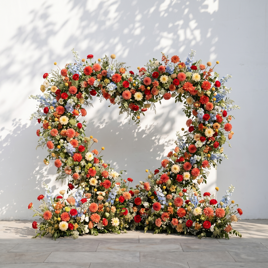 Freara: Heart-Shaped Multi-Color Dahlia & Rose Silk Floral Arch Floral Arrangement for Vibrant Weddings | Event Floral Decor