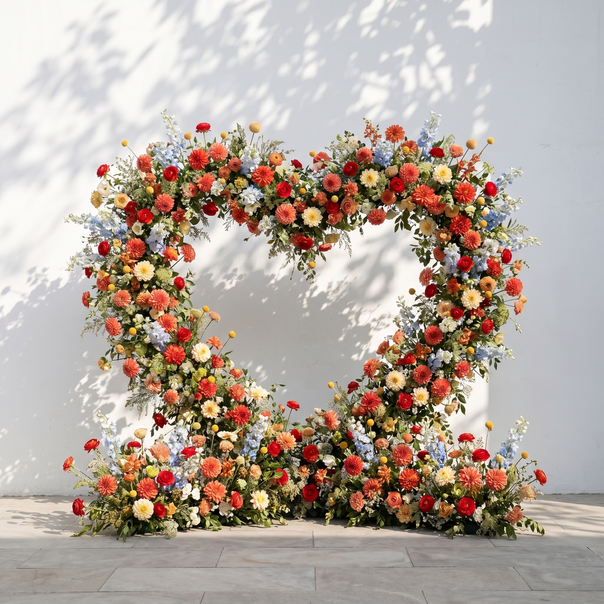 Freara: Heart-Shaped Multi-Color Dahlia & Rose Silk Floral Arch Floral Arrangement for Vibrant Weddings | Event Floral Decor