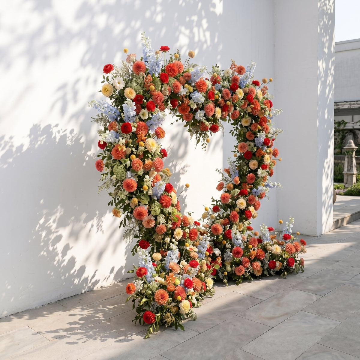 Freara: Heart-Shaped Multi-Color Dahlia & Rose Silk Floral Arch Floral Arrangement for Vibrant Weddings | Event Floral Decor