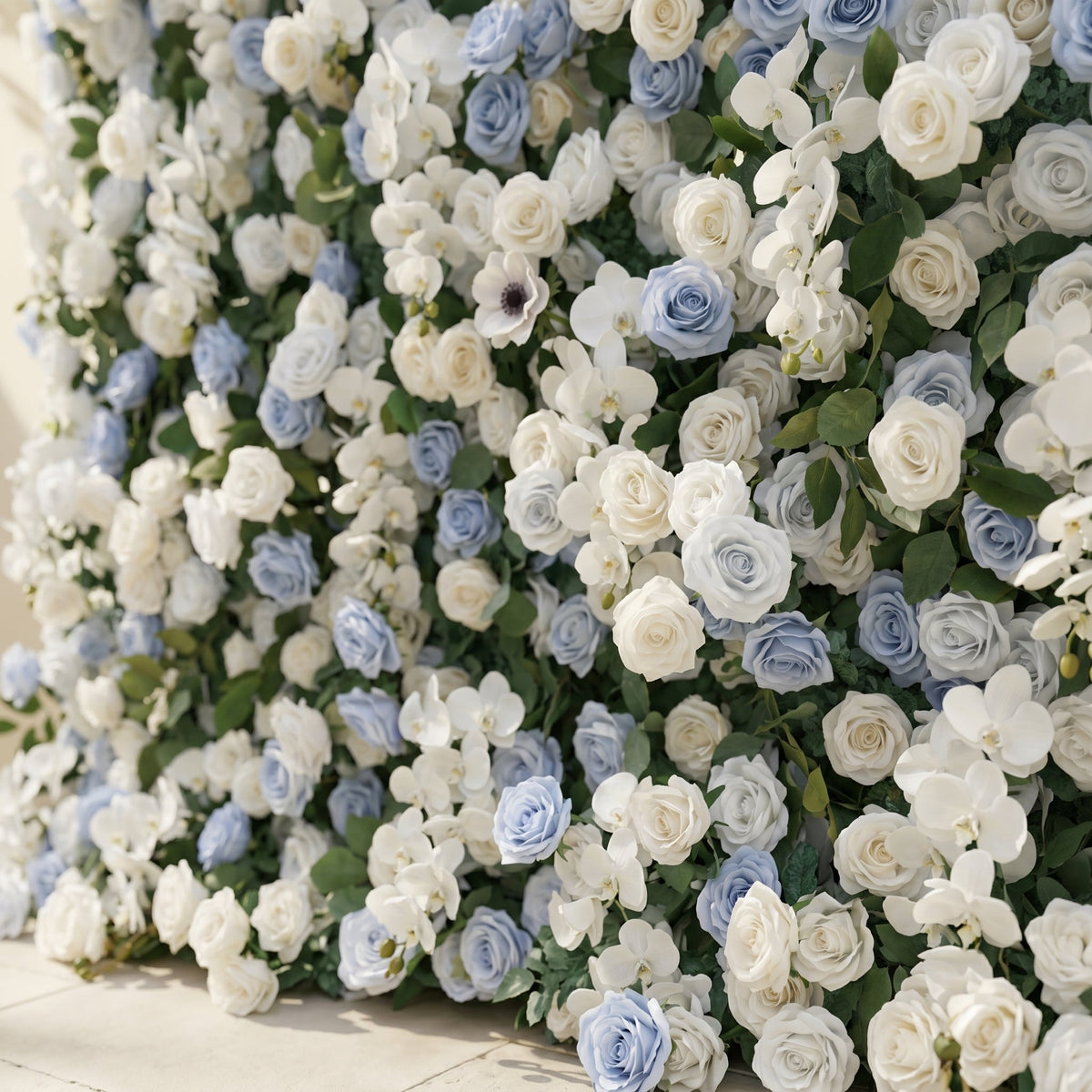 Glenena:Elegant 5D Sky Blue & White Floral Wall Roll-Up Backdrop for Bright Spring Wedding Aesthetics | Elegant Event Decor | Free Shipping
