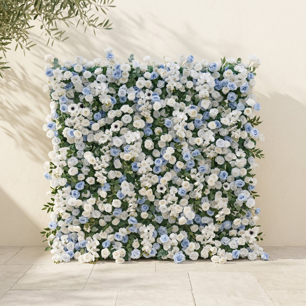 Glenena:Elegant 5D Sky Blue & White Floral Wall Roll-Up Backdrop for Bright Spring Wedding Aesthetics | Elegant Event Decor | Free Shipping