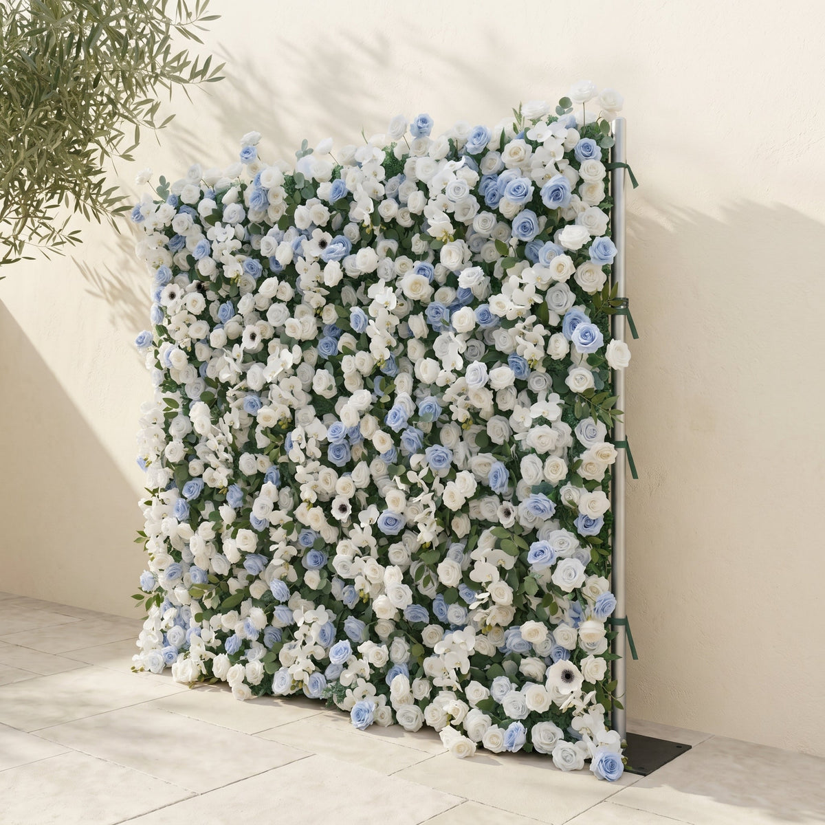 Glenena:Elegant 5D Sky Blue & White Floral Wall Roll-Up Backdrop for Bright Spring Wedding Aesthetics | Elegant Event Decor | Free Shipping