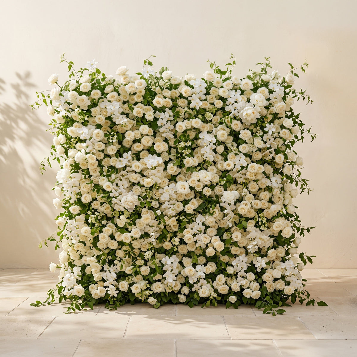 Maelette:Classic and Luxury 5D White Roses Flower Wall with Greenery for Weddings&Event Decor maelette front