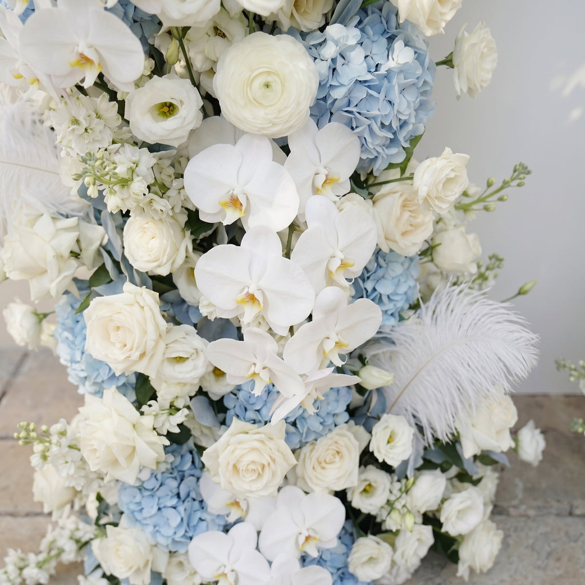 Sky Blue Hydrangea White Orchid Rose Wedding Background Arch KT Backdrop Decorative Flower Row Excludes Frame | Ceremony & Event Decor