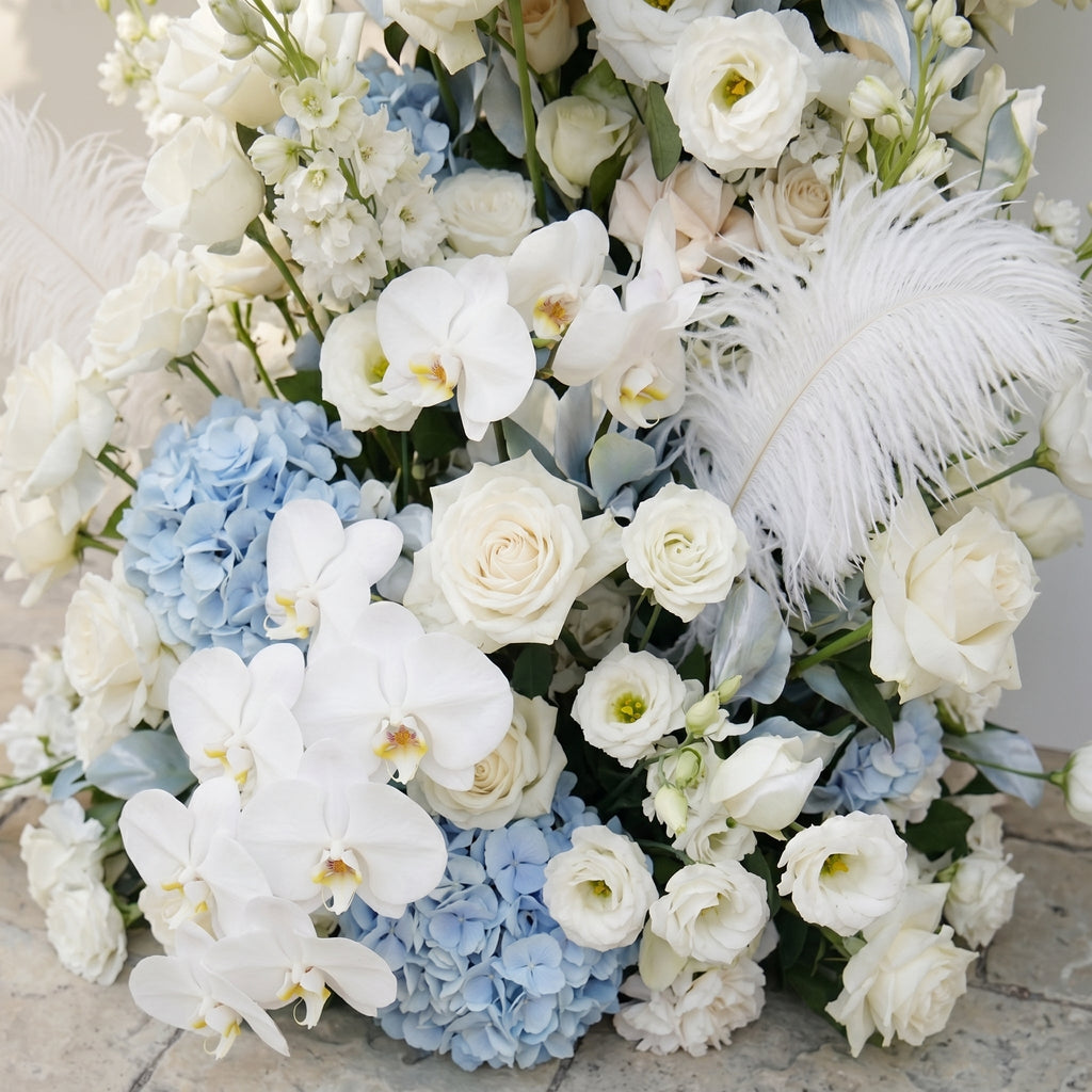 Sky Blue Hydrangea White Orchid Rose Wedding Background Arch KT Backdrop Decorative Flower Row Excludes Frame | Ceremony & Event Decor