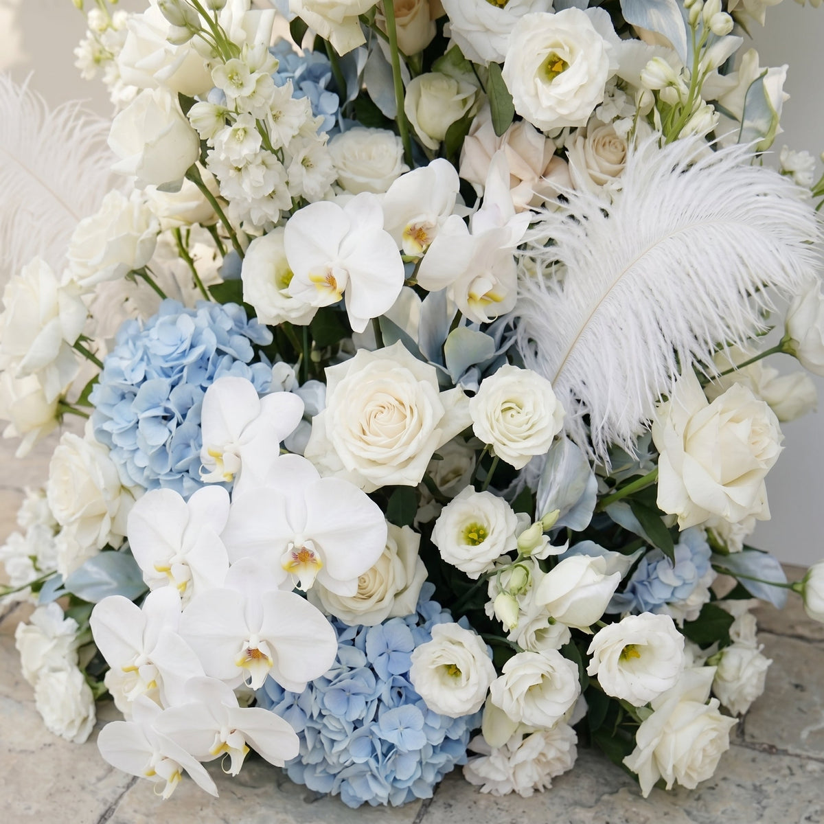 Sky Blue Hydrangea White Orchid Rose Wedding Background Arch KT Backdrop Decorative Flower Row Excludes Frame | Ceremony & Event Decor