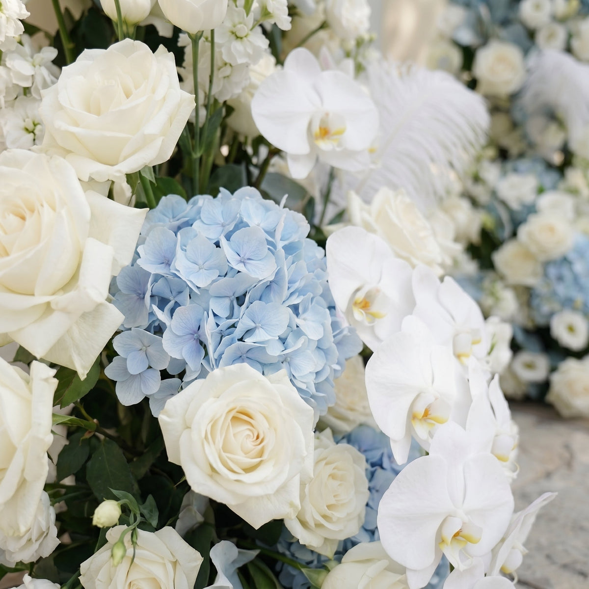 Sky Blue Hydrangea White Orchid Rose Wedding Background Arch KT Backdrop Decorative Flower Row Excludes Frame | Ceremony & Event Decor