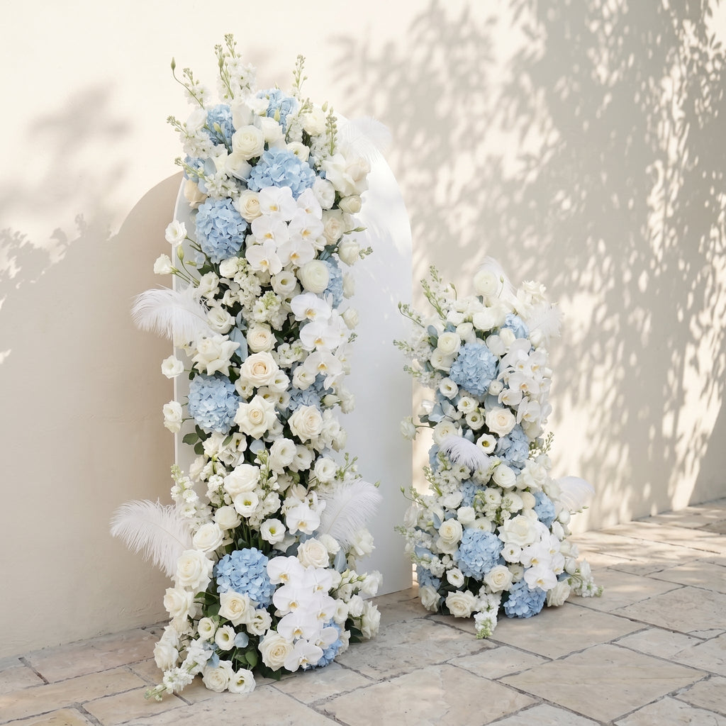 Sky Blue Hydrangea White Orchid Rose Wedding Background Arch KT Backdrop Decorative Flower Row Excludes Frame | Ceremony & Event Decor