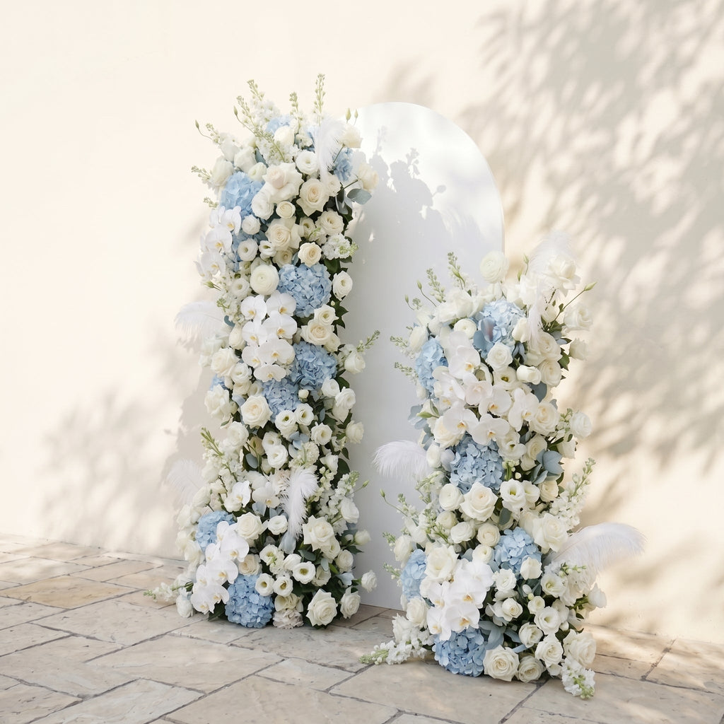 Sky Blue Hydrangea White Orchid Rose Wedding Background Arch KT Backdrop Decorative Flower Row Excludes Frame | Ceremony & Event Decor