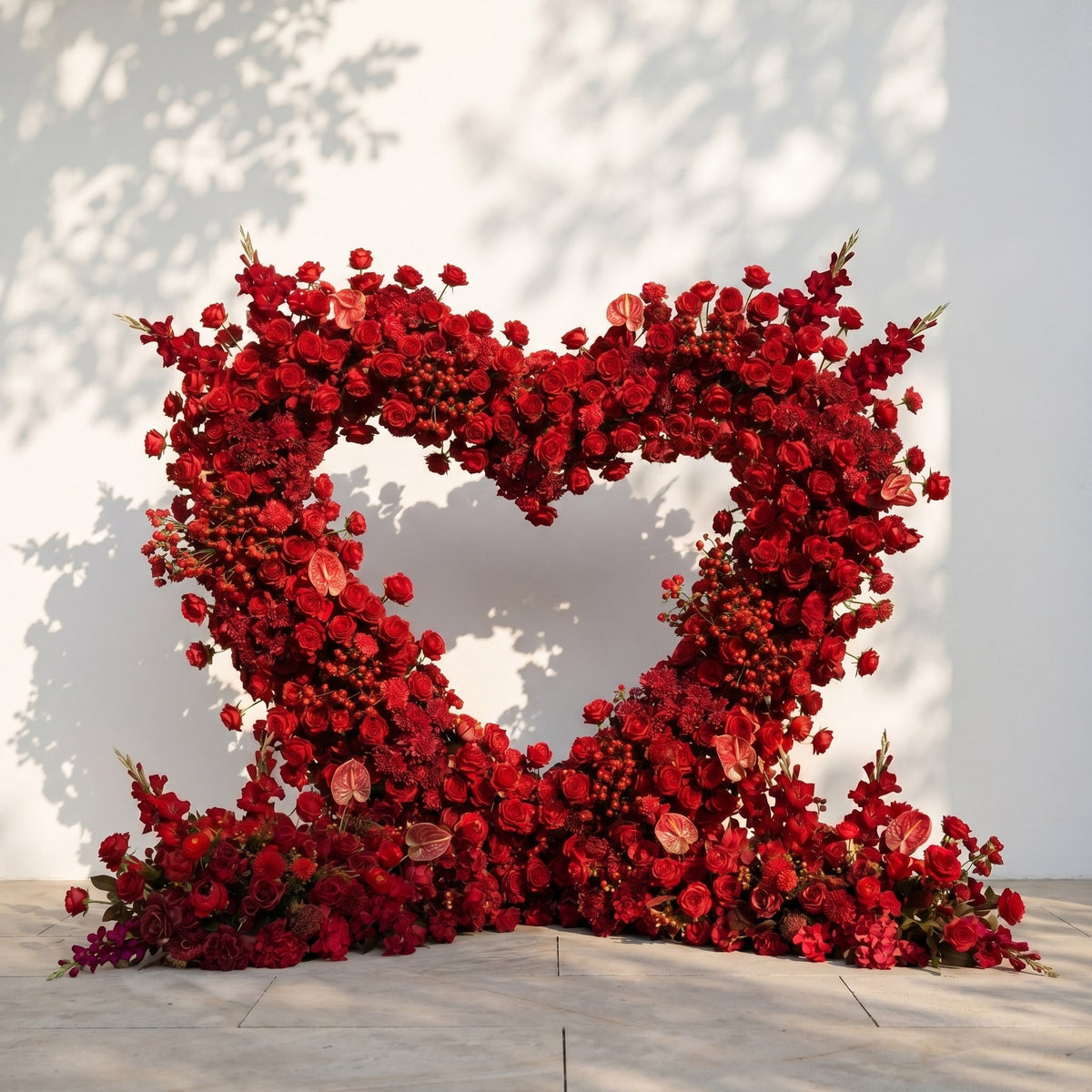 Novira: Heart-Shaped Red Floral Silk Floral Arch Floral Arrangement for Boho Weddings | Wedding Floral Decor