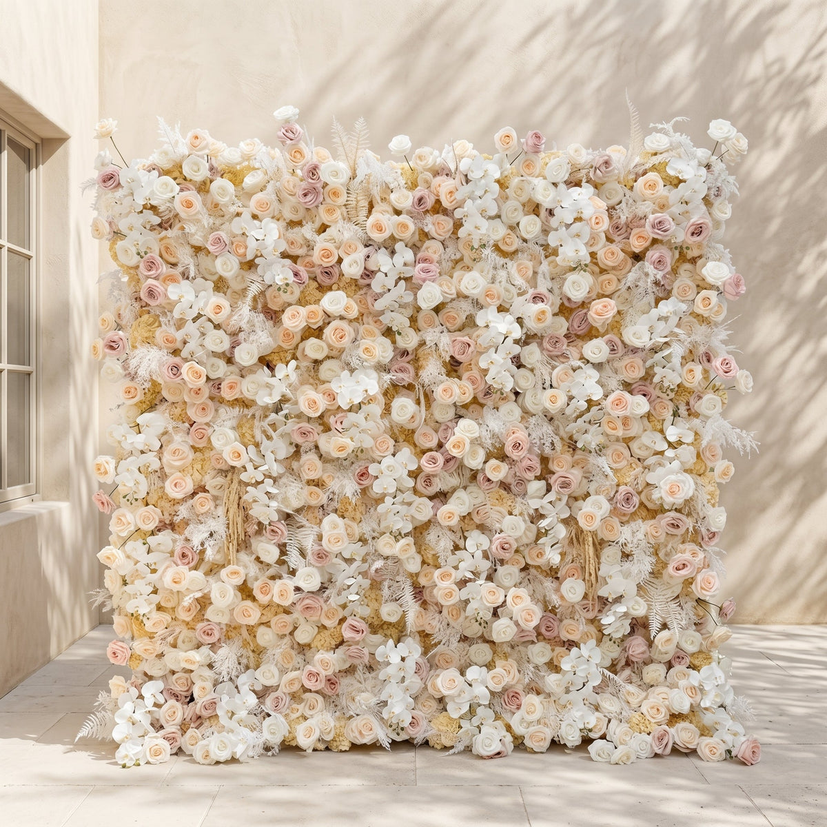 Novmora:5D Neutral Warm Cream Peach & Blush Pink Silk Rose Flower Wall Roll-Up Fabric Backdrop for Romantic Weddings & Proposals Free Shipping