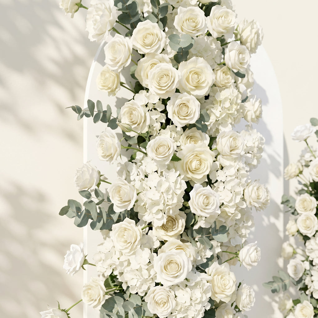 White Rose Eucalyptus Wedding Background Arch KT Backdrop Decorative Flower Row Excludes Frame | Event Floral Decor