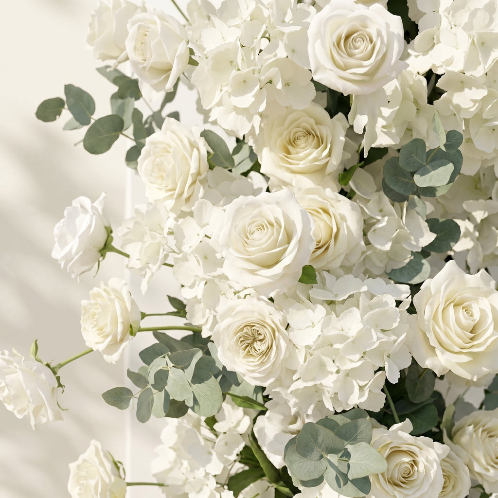 White Rose Eucalyptus Wedding Background Arch KT Backdrop Decorative Flower Row Excludes Frame | Event Floral Decor