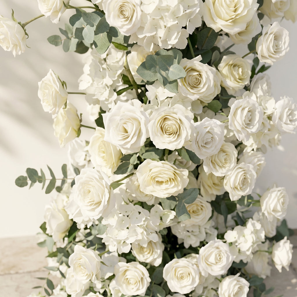 White Rose Eucalyptus Wedding Background Arch KT Backdrop Decorative Flower Row Excludes Frame | Event Floral Decor