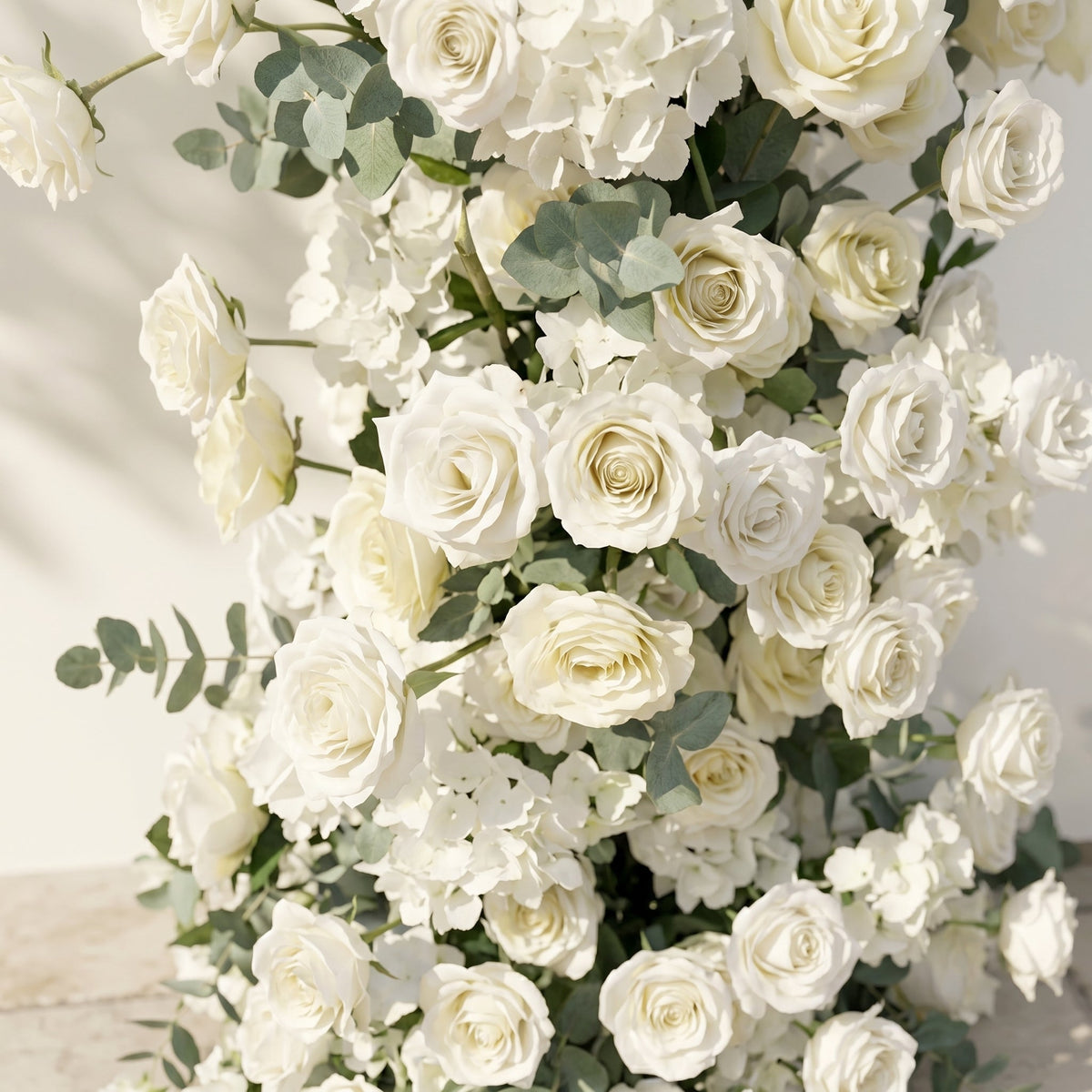 White Rose Eucalyptus Wedding Background Arch KT Backdrop Decorative Flower Row Excludes Frame | Event Floral Decor