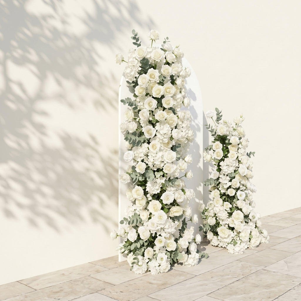 White Rose Eucalyptus Wedding Background Arch KT Backdrop Decorative Flower Row Excludes Frame | Event Floral Decor