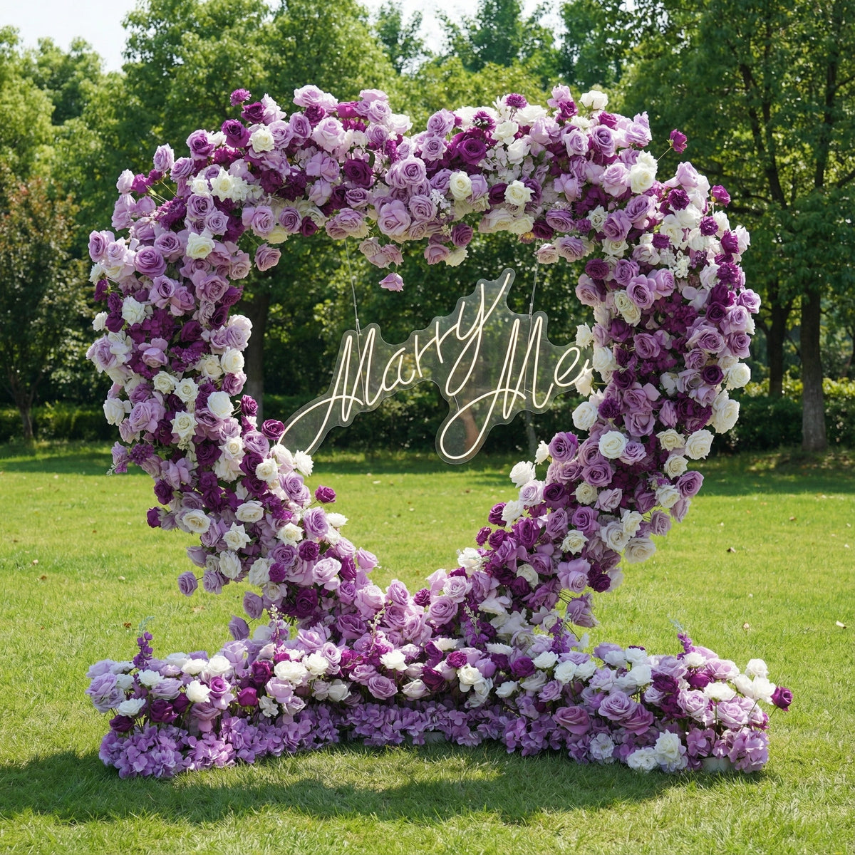 Valar Flowers Heart-Shaped Purple & White Floral Arch with Optional Marry Me LED Sign-VA-367 | Elegant Event Decor