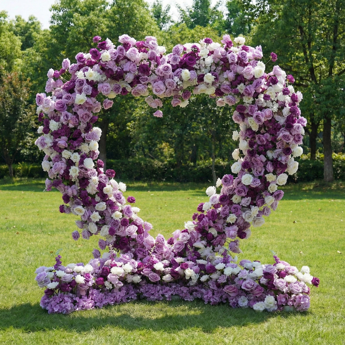 Valar Flowers Heart-Shaped Purple & White Floral Arch with Optional Marry Me LED Sign-VA-367 | Elegant Event Decor