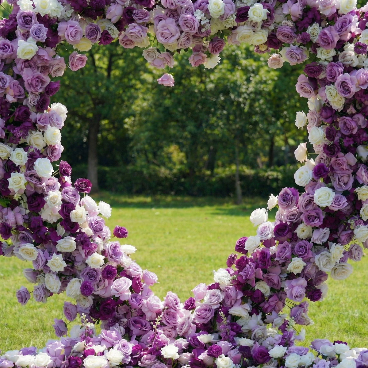 Valar Flowers Heart-Shaped Purple & White Floral Arch with Optional Marry Me LED Sign-VA-367 | Elegant Event Decor