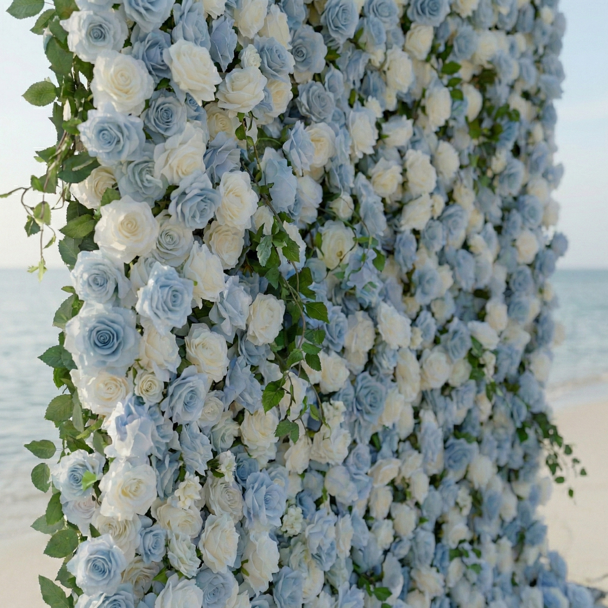Sapphira: Luxury 5D Serene Blue & Cream Silk Floral Wall Roll-Up Fabric Backdrop for Seaside Weddings & Events Free Shipping