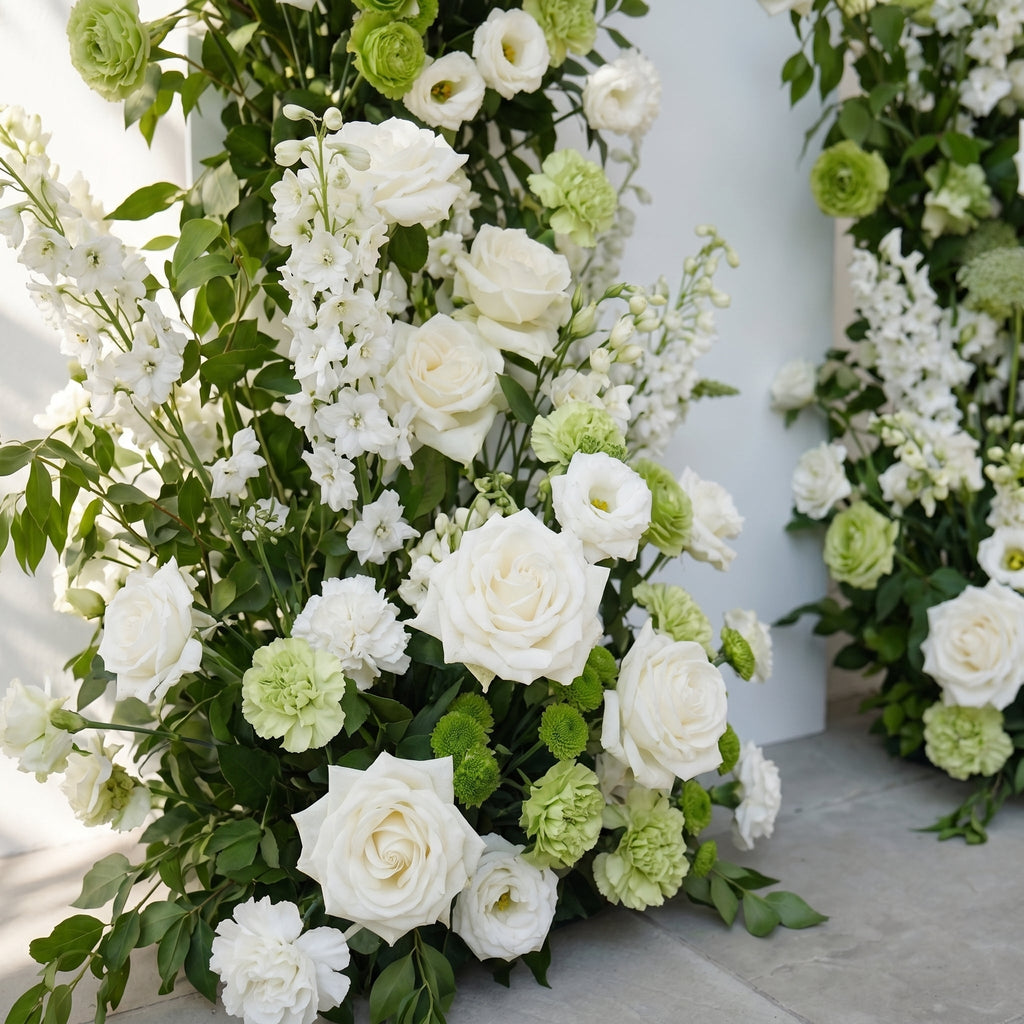 Odelia: White Green Rose Calla Lily Wedding Background Arch Pillar Decorative Flower Row Flowers Only - Frame Not Included | Wedding Floral Decor