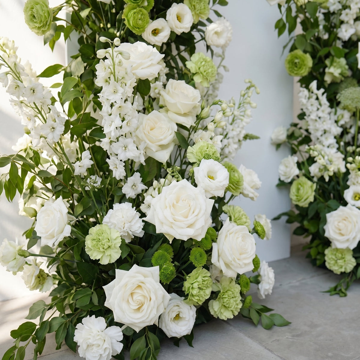 Odelia: White Green Rose Calla Lily Wedding Background Arch Pillar Decorative Flower Row Flowers Only - Frame Not Included | Wedding Floral Decor