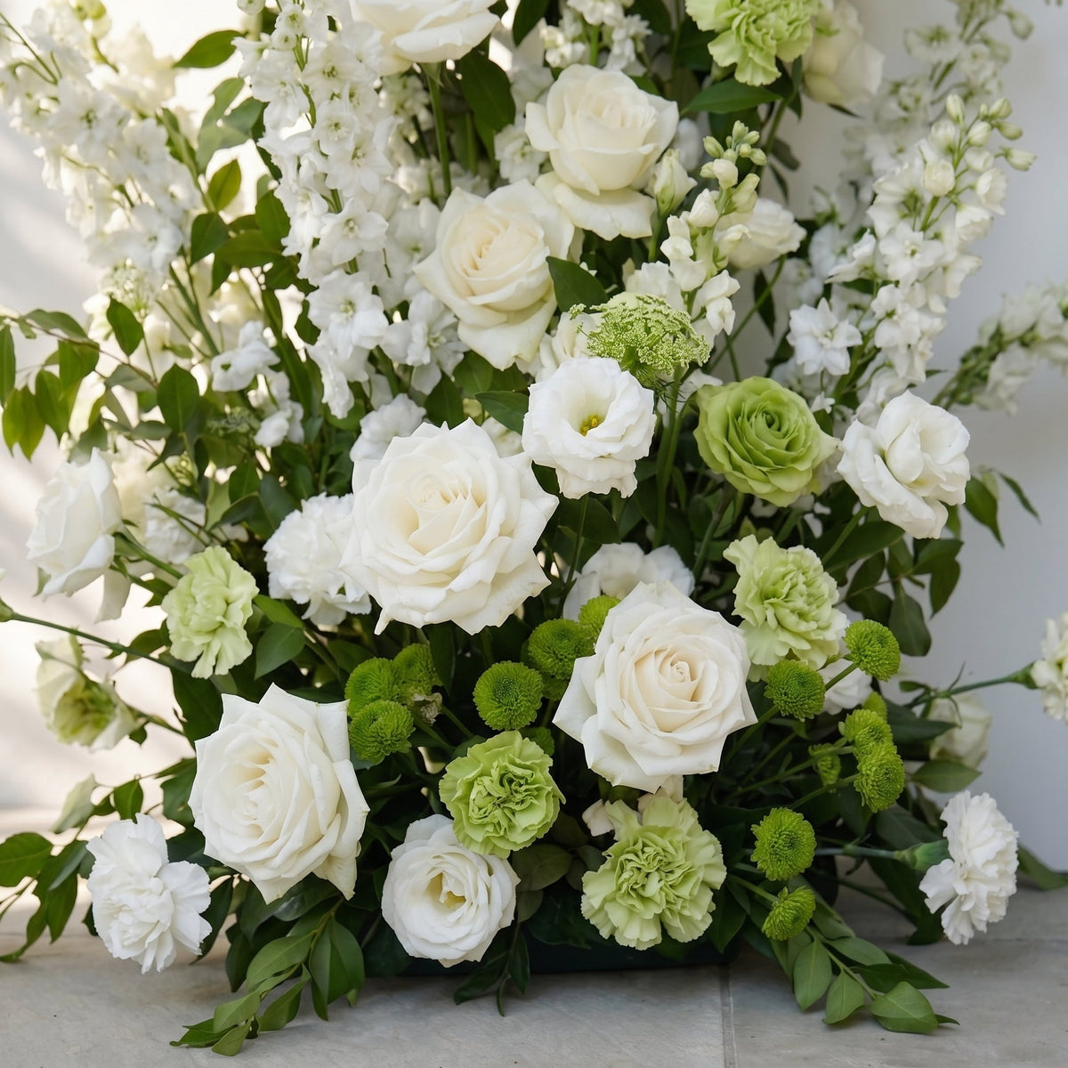 Odelia: White Green Rose Calla Lily Wedding Background Arch Pillar Decorative Flower Row Flowers Only - Frame Not Included | Wedding Floral Decor