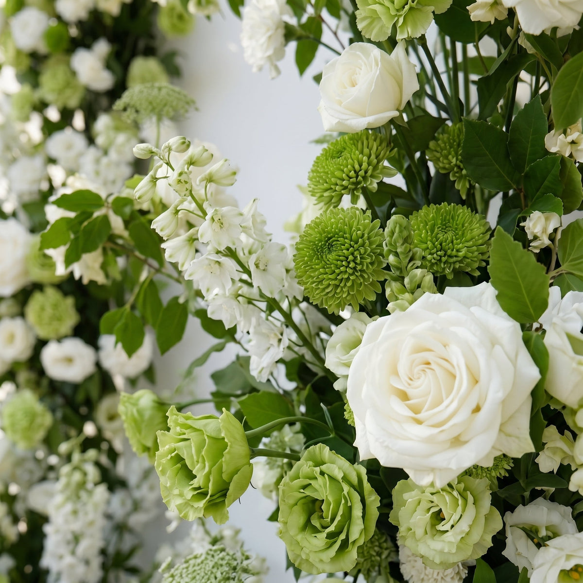 Odelia: White Green Rose Calla Lily Wedding Background Arch Pillar Decorative Flower Row Flowers Only - Frame Not Included | Wedding Floral Decor