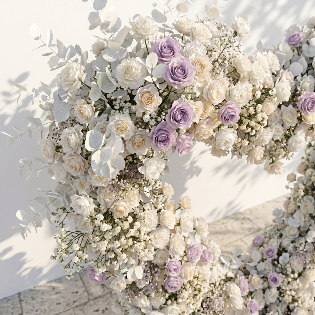 Talyana: Heart-Shaped Lavender Purple and Ivory White Silk Rose Floral Arch Floral Arrangement for Minimalist Weddings | Event Floral Decor
