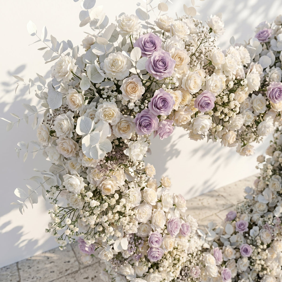 Talyana: Heart-Shaped Lavender Purple and Ivory White Silk Rose Floral Arch Floral Arrangement for Minimalist Weddings | Event Floral Decor