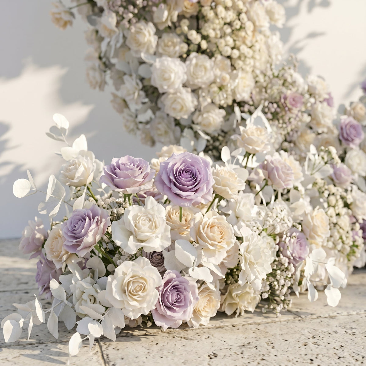 Talyana: Heart-Shaped Lavender Purple and Ivory White Silk Rose Floral Arch Floral Arrangement for Minimalist Weddings | Event Floral Decor