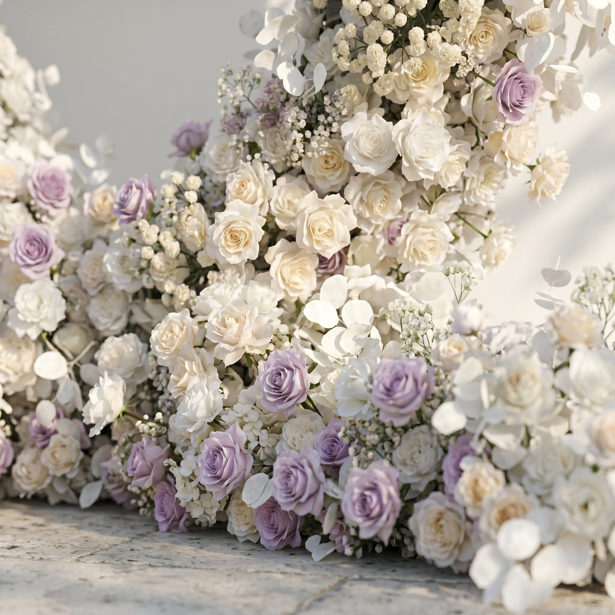 Talyana: Heart-Shaped Lavender Purple and Ivory White Silk Rose Floral Arch Floral Arrangement for Minimalist Weddings | Event Floral Decor