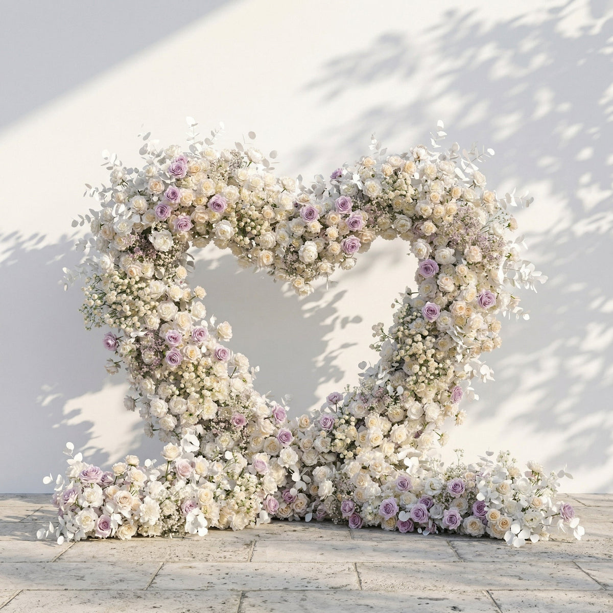 Talyana: Heart-Shaped Lavender Purple and Ivory White Silk Rose Floral Arch Floral Arrangement for Minimalist Weddings | Event Floral Decor