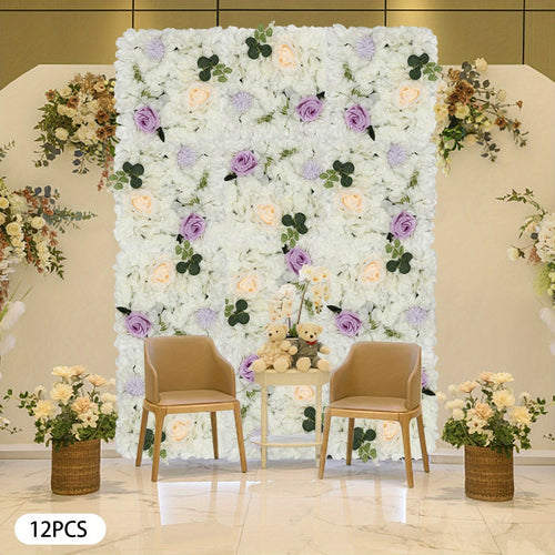 12pcs Artificial Flower Wall Panel, 15" X 15" Silk Rose Wall, 3D Decorative Flower Panels Wall, Shop Photo Backdrop Floral Wall for Wedding Party Stage Baby Shower Decor