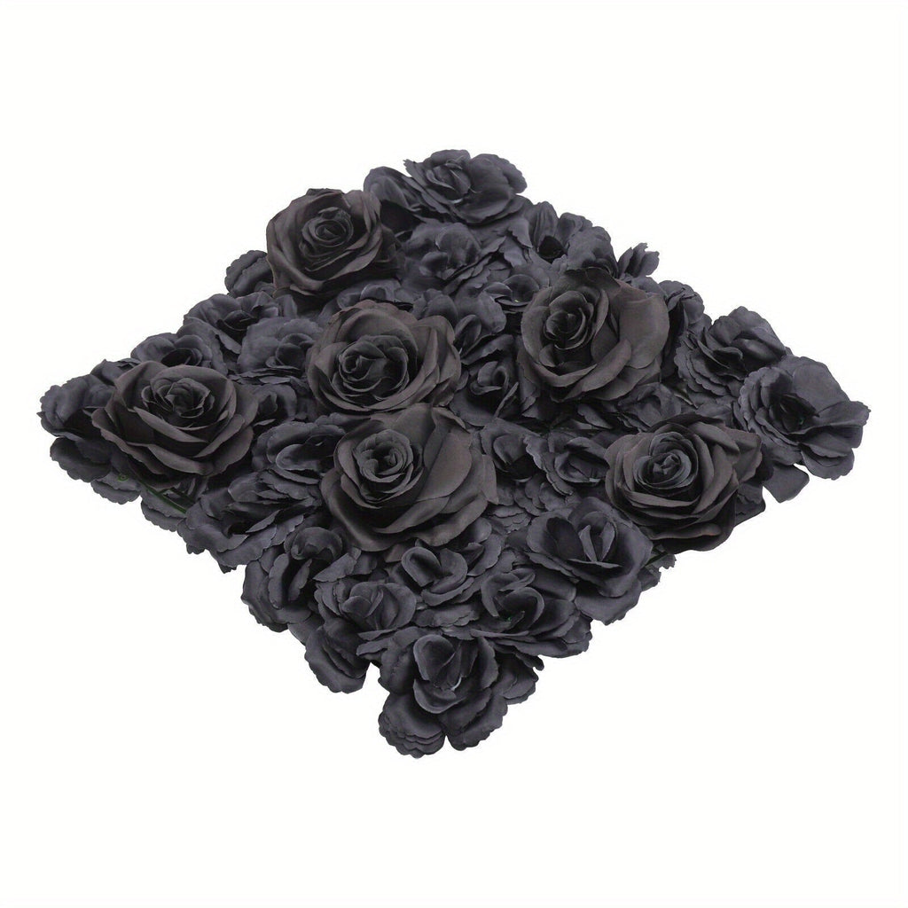 15" X 15" Black Rose Artificial Flower Wall Panels, 12pcs Artificial Flowers Decoration, Artificial Flower Wall Panel, Black Flowers Wall Rose Wall Background, 3D Floral Backdrop Wall Decor