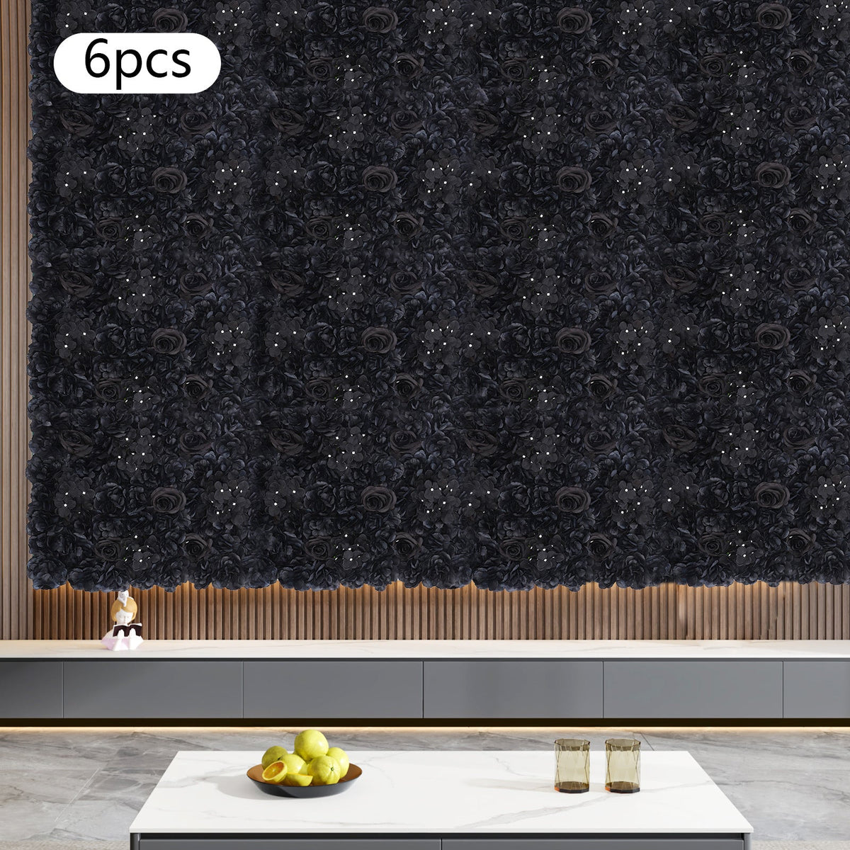 6pcs Black Flower Wall Panels, Artificial Flower Wall Panels, Flower Panels for Backdrop, 60 X 40 Cm/23.62 X 15.75 Inches, for Gardens, Patios, Landscapes