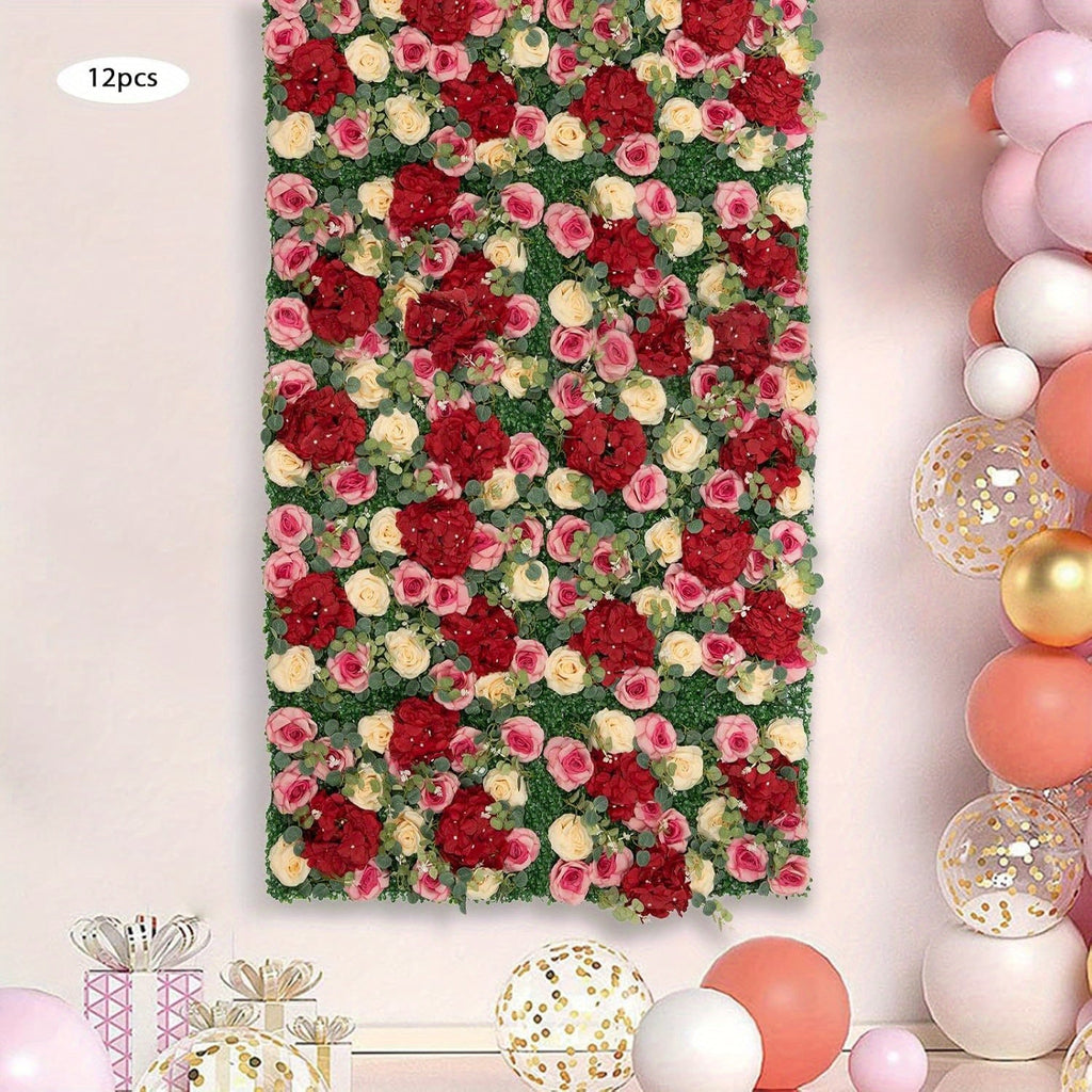Artificial Flower Wall Panels, 12pcs 40x60cm Flower Wall Mat Silk Rose Flower Wall Decor, 3D Flower Wall Panel for Backdrop Wedding Birthday Party Home Decorations (12pcs, 15.7 * 23.6in)