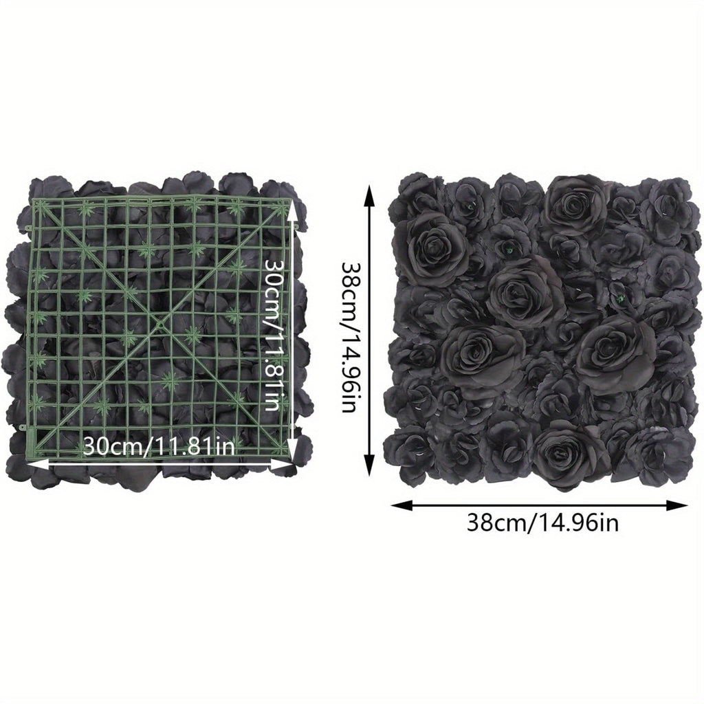 15" X 15" Black Rose Artificial Flower Wall Panels, 12pcs Artificial Flowers Decoration, Artificial Flower Wall Panel, Black Flowers Wall Rose Wall Background, 3D Floral Backdrop Wall Decor