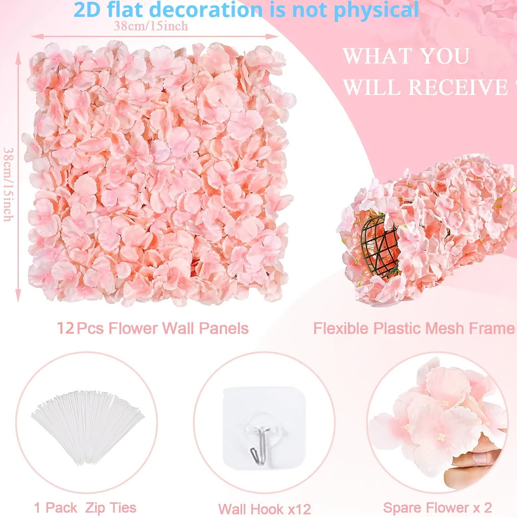 12pcs Blush & Flower Wall Panels - Realistic 2D Flat Artificial Flower Backdrop, Install Wedding/ Decoration, 15x15 Inches for Photo Booth Background, No Maintenance Required Suitable for Wedding Backdrop, 2D Flat