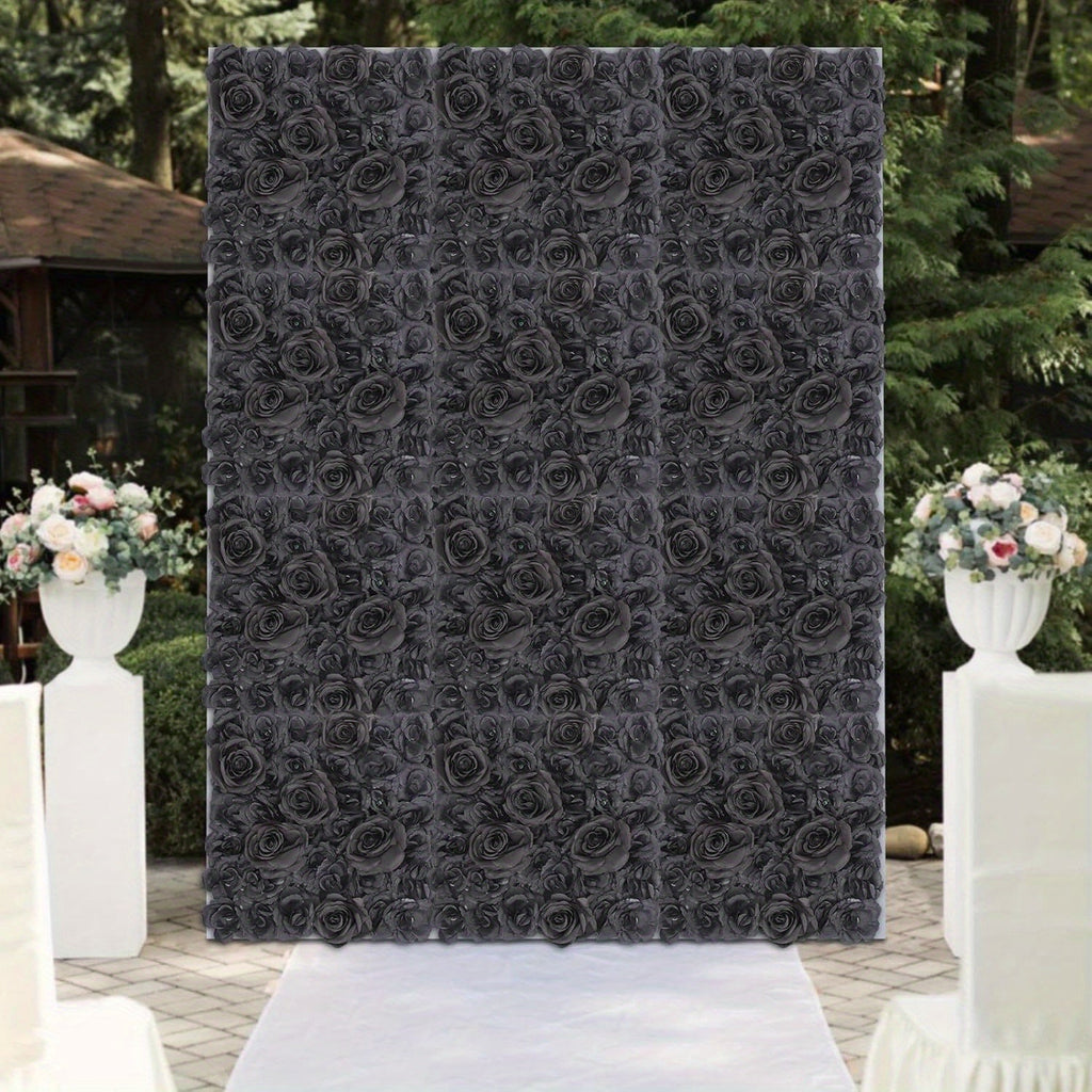 15" X 15" Black Rose Artificial Flower Wall Panels, 12pcs Artificial Flowers Decoration, Artificial Flower Wall Panel, Black Flowers Wall Rose Wall Background, 3D Floral Backdrop Wall Decor