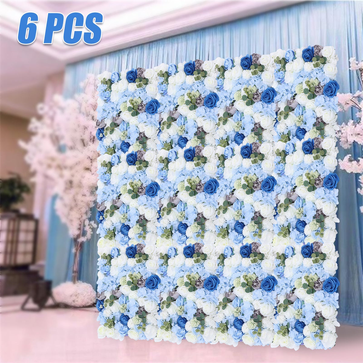 6 Pack Large Artificial Flower Wall Panel with -like Hydrangea & Roses - Blue Wedding Backdrop, Reusable Panels (23.6"x15.7") for /Outdoor Party Decor, Plastic Flowers for Wedding Arch, Bridal, Photo Background - Easy