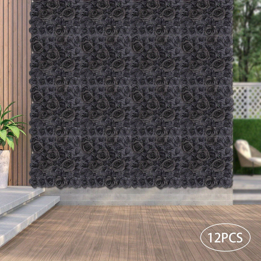 15" X 15" Black Rose Artificial Flower Wall Panels, 12pcs Artificial Flowers Decoration, Artificial Flower Wall Panel, Black Flowers Wall Rose Wall Background, 3D Floral Backdrop Wall Decor