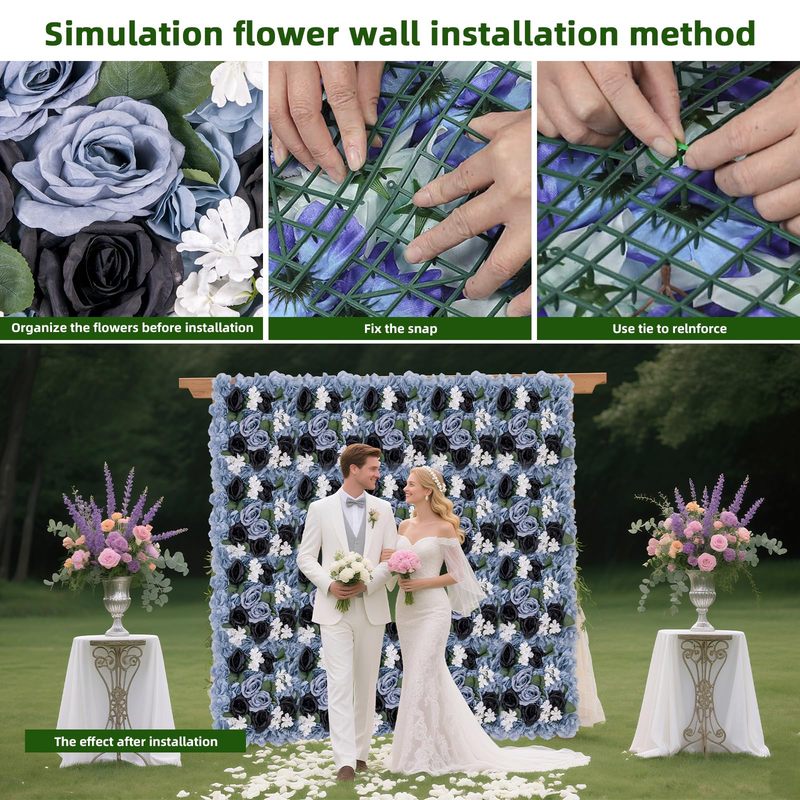 12-Pack Blue Artificial Silk Rose Flower Wall Panels, 15x15 Inch Drative Backdrop for Weddings, Parties, and Event Celebrations