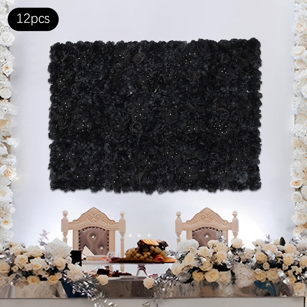 12pcs PRIMEGAE Artificial Flower Wall Panels with Dahlia Rose Hydrangea Panels - 24in Black Suitable for, Wedding, Party Backdrop, Plastic Flower Panels for Decoration, Installation (No Maintenance Required)