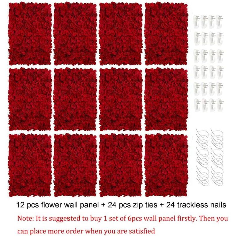 12pcs Flower Wall Panel Backdrop- 24 X 16 Inch Red Wall Decor Artificial Hydrangea Floral Panels for Wedding Party Baby Bridal Shower Christmas Wall Decor- 3D Fake Flower Backdrop Decoration