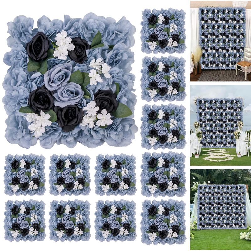 12-Pack Blue Artificial Silk Rose Flower Wall Panels, 15x15 Inch Drative Backdrop for Weddings, Parties, and Event Celebrations