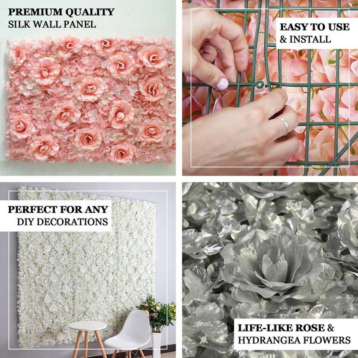 11 Sq ft - 4 Panels Blush Silk Rose & Hydrangea Flower Wall Panel For Birthday Party, Photography Backdrop, Flower Panel, Wedding Decor