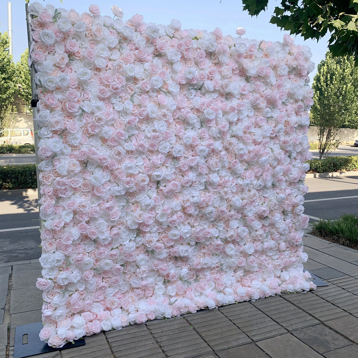 Flower Wall Backdrop [Whisper Blush White Rose Roll-Up Fabric Panel] for Ceremony & Photo Booth