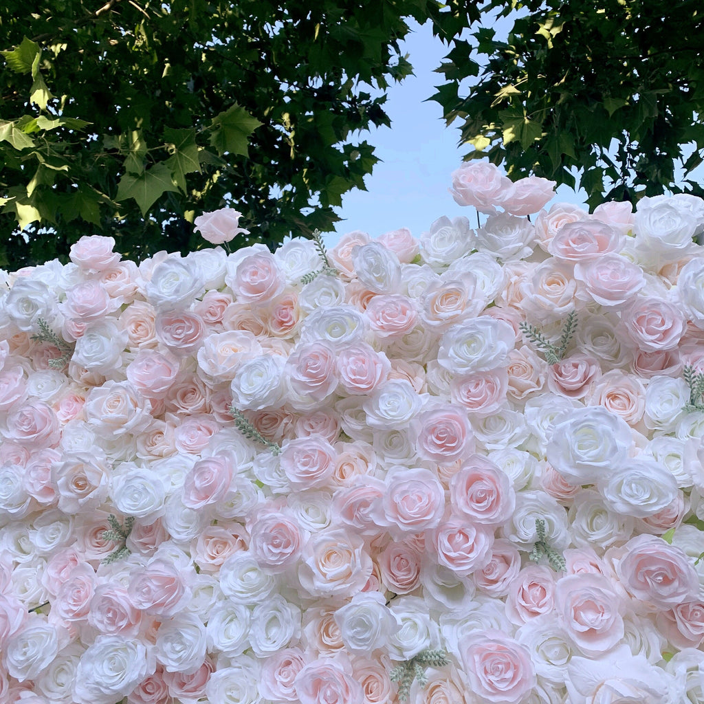 Flower Wall Backdrop [Whisper Blush White Rose Roll-Up Fabric Panel] for Ceremony & Photo Booth