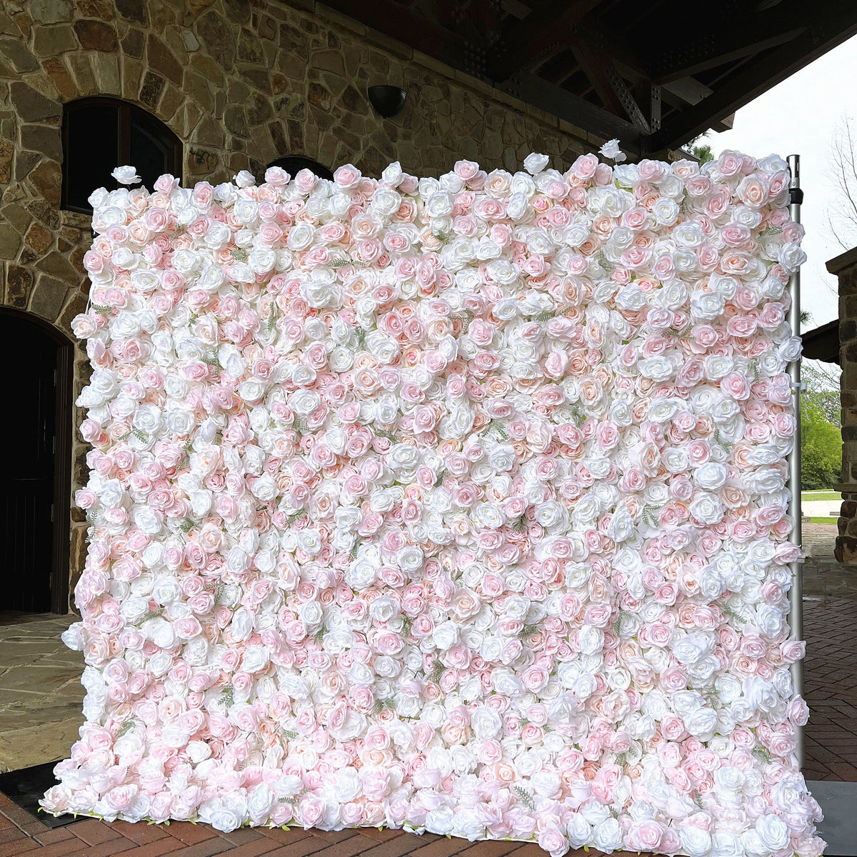 Flower Wall Backdrop [Whisper Blush White Rose Roll-Up Fabric Panel] for Ceremony & Photo Booth